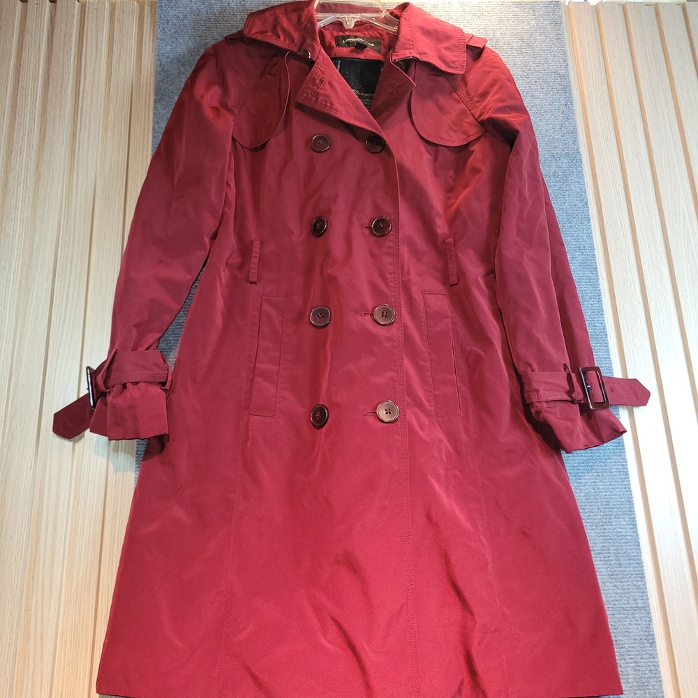 London Fog Trench Coat Women PS Red Good Plaid Lining Double Breasted